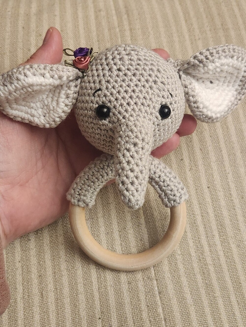 Handmade 6" Crochet Elephant Teether Rattle in Light Gray